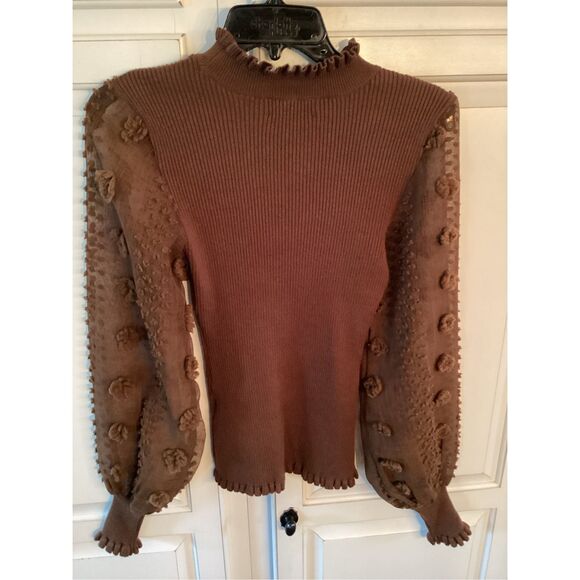Almost Famous Brown Ribbed Knit Top Sz M Sheer Sleeve 1970s Vibe - Picture 1 of 8